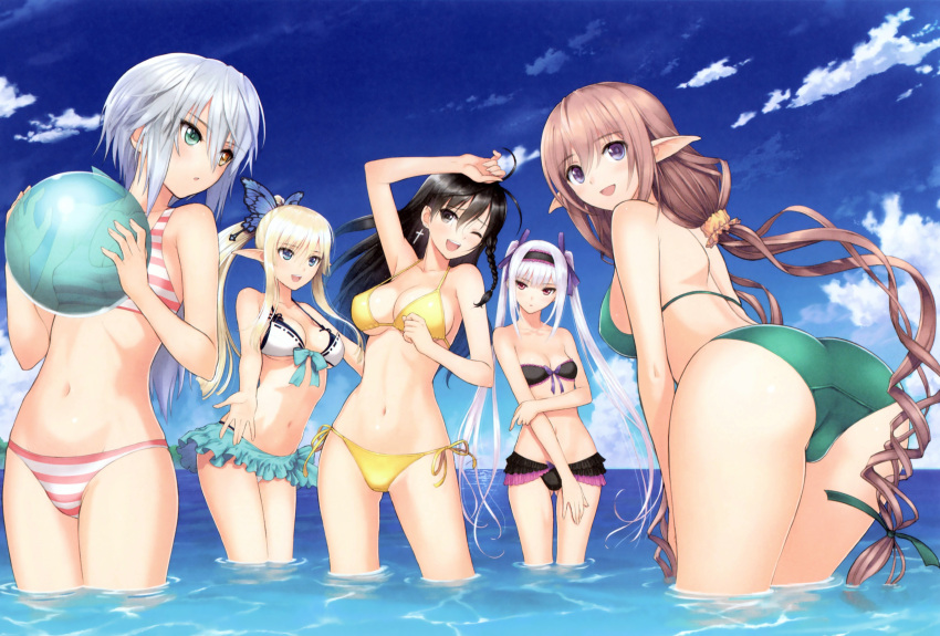 5girls :d ;d absurdres ahoge arm_up ass ball bandeau bare_shoulders beachball bikini bikini_skirt black_bikini black_hair blonde_hair blue_eyes blue_sky braid breasts brown_hair butterfly_hair_ornament cleavage frilled_bikini frills from_behind green_bikini hair_between_eyes hair_ornament hair_ribbon hairband heterochromia highres jewelry kirika_towa_alma leaning_forward long_hair looking_back low_ponytail low_twintails multiple_girls navel one_eye_closed open_mouth outstretched_arms partially_submerged payot pointy_ears ponytail red_eyes ribbon ribbon-trimmed_bikini rinna_mayfield scan shining_(series) shining_resonance side-tie_bikini side_braid silver_hair single_earring sky small_breasts smile sonia_blanche splashing strap_gap striped striped_bikini striped_swimsuit swimsuit tanaka_takayuki twintails very_long_hair wading white_hair yellow_bikini