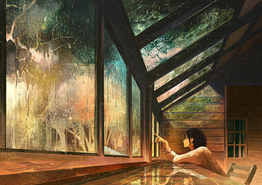 1girl black_hair chair gemi original rain short_hair sitting solo window