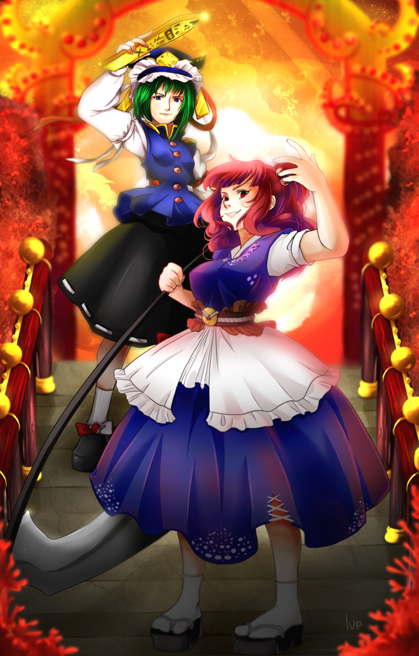 2girls asymmetrical_hair belt blue_dress blue_eyes breasts dress green_hair grin hair hat hell highres large_breasts lipstick lis_van_piece makeup multiple_girls older onozuka_komachi poses puffy_sleeves red_eyes red_flower redhead ribbon sandals scythe shiki_eiki short_hair small_breasts smile stairs touhou twintails yellow_sky