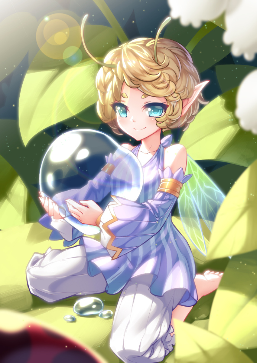 1girl antennae armband bare_shoulders barefoot blonde_hair blue_eyes carrying curly_hair detached_sleeves dew_drop dress fairy fairy_wings flower highres jewelry leaf minigirl original pants pointy_ears puffy_sleeves short_hair sitting smile solo water_drop wings