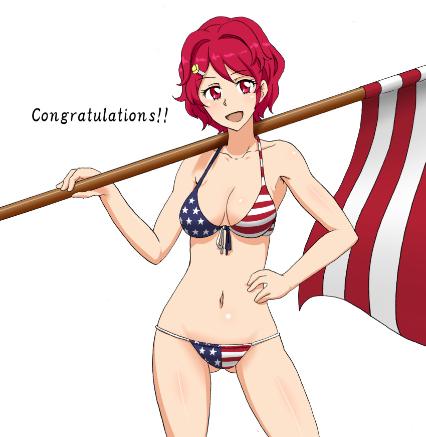 1girl aikatsu! american_flag american_flag_bikini bikini flag flag_print hakuyou-choun highres ichinose_kaede red_eyes redhead short_hair swimsuit