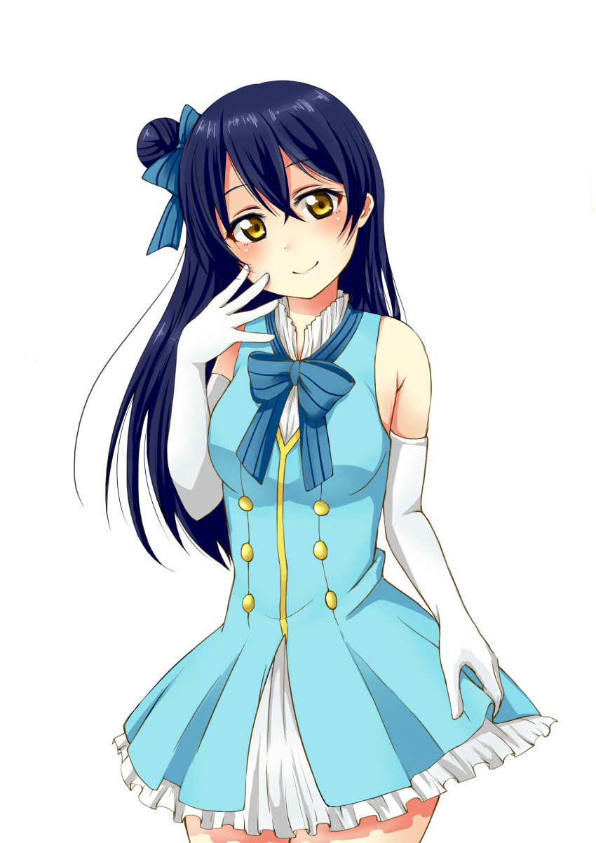 1girl absurdres bare_shoulders blue_hair bow cowboy_shot dress elbow_gloves frilled_dress frills gloves hair_bow hand_on_own_face highres long_hair looking_at_viewer love_live!_school_idol_project satoharu smile solo sonoda_umi start:dash!! white_background white_gloves yellow_eyes