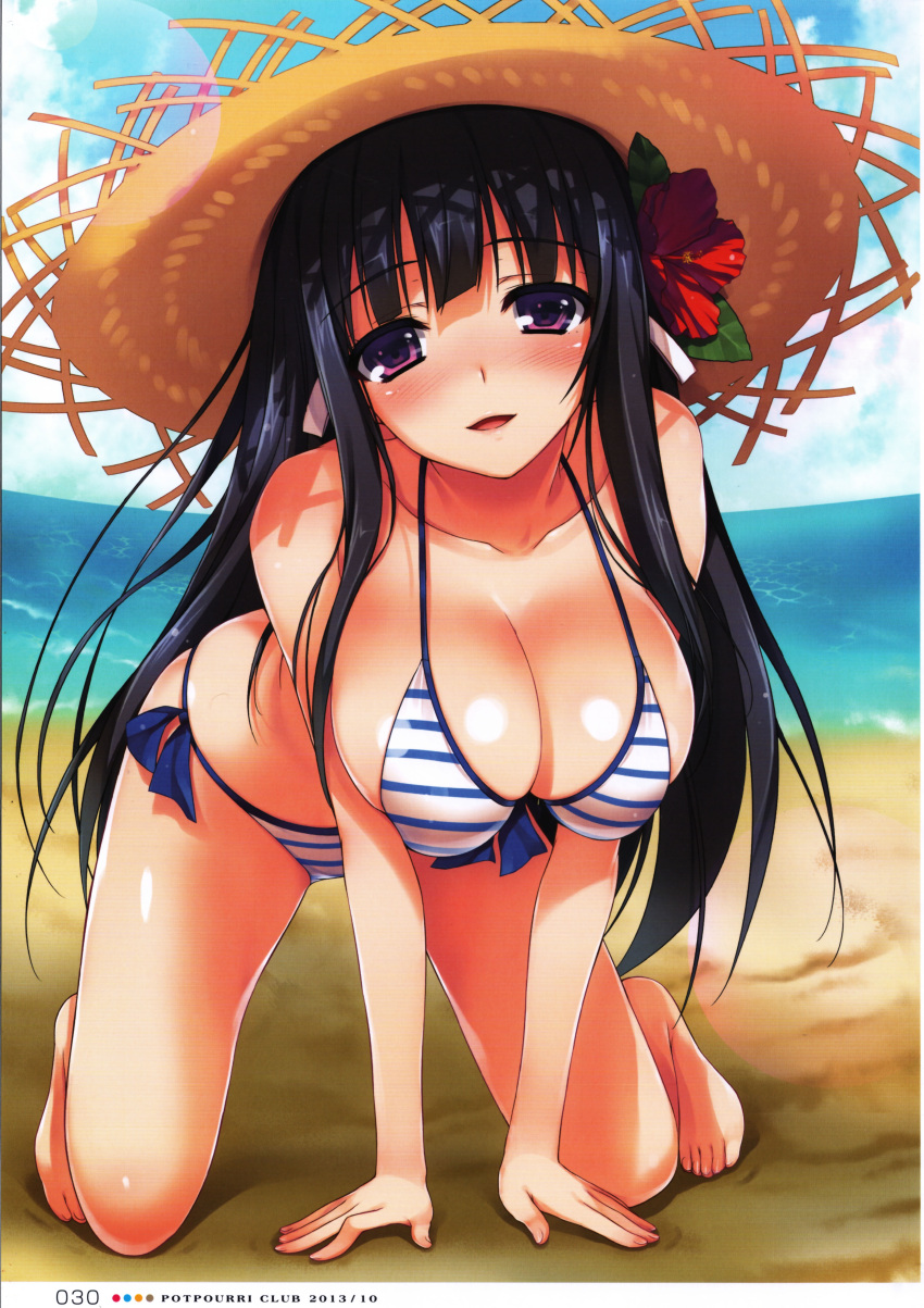 1girl 2013 absurdres all_fours barefoot beach bikini black_hair blush breasts cleavage clouds comic_potpourri_club flower front-tie_top hair_flower hair_ornament hair_ribbon hat highres large_breasts long_hair looking_at_viewer ocean open_mouth ribbon scan side-tie_bikini sky smile solo straw_hat striped striped_bikini striped_swimsuit swimsuit tomose_shunsaku violet_eyes