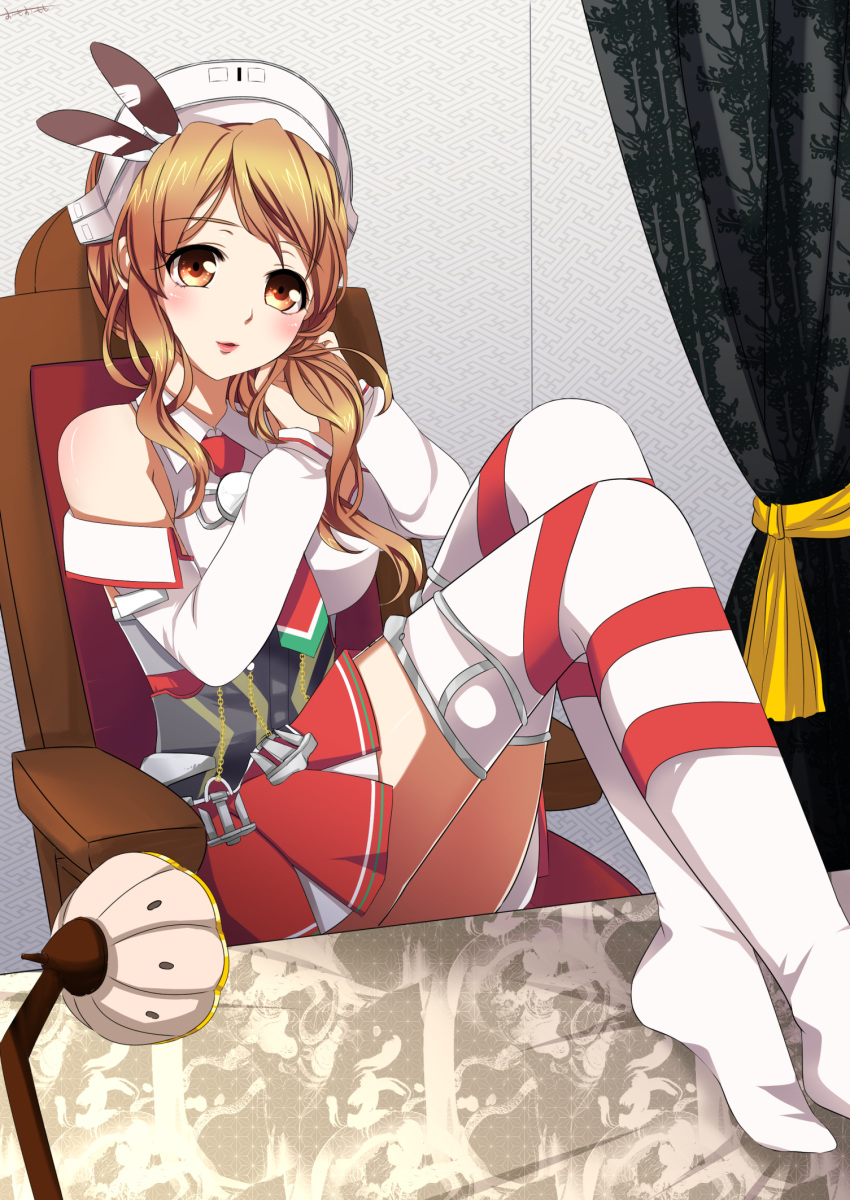 1girl bare_shoulders blush brown_eyes brown_hair detached_sleeves feet_on_table hair_ornament hat highres kantai_collection littorio_(kantai_collection) looking_at_viewer necktie no_shoes omoomomo pleated_skirt red_skirt sitting skirt solo striped striped_legwear thigh-highs white_legwear