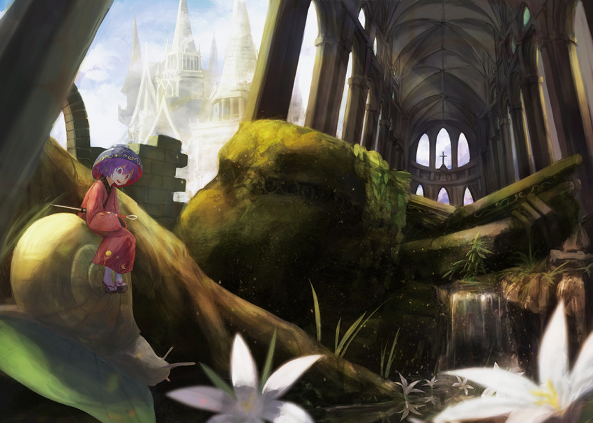 1girl arcade architecture blurry bowl building church cross dress flower geta gothic_architecture hair_between_eyes japanese_clothes kimono kirisame_tarou leaf lily_(flower) long_sleeves looking_down minigirl moss needle object_on_head open_mouth pillar plant purple_hair red_dress riding ruins short_hair sitting smile snail solo sukuna_shinmyoumaru sunlight touhou violet_eyes water waterfall white_legwear wide_sleeves