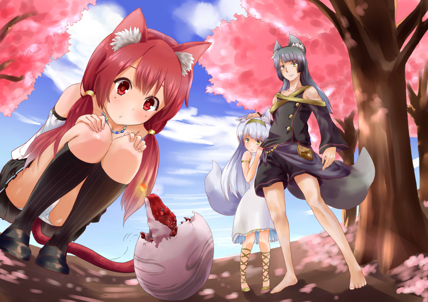 3girls :o absurdres animal_ears armlet black_hair blush breathing_fire cherry_blossoms child clothes_grab clouds dragon dress egg fang fire fisheye from_above hand_on_another's_head headband highres jewelry long_hair looking_down low-tied_long_hair low_twintails multiple_girls necklace original panties pouch red_eyes sash shorts skirt sky sleeveless sleeveless_dress tail tree twintails underwear upskirt wolf_ears yellow_eyes you_maru11