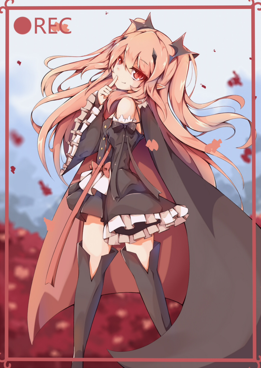 1girl bare_shoulders black_legwear boots cape dango_remi detached_sleeves highres krul_tepes long_hair looking_at_viewer owari_no_seraph pink_hair pointy_ears red_eyes sleeves_past_wrists smile solo thigh-highs thigh_boots