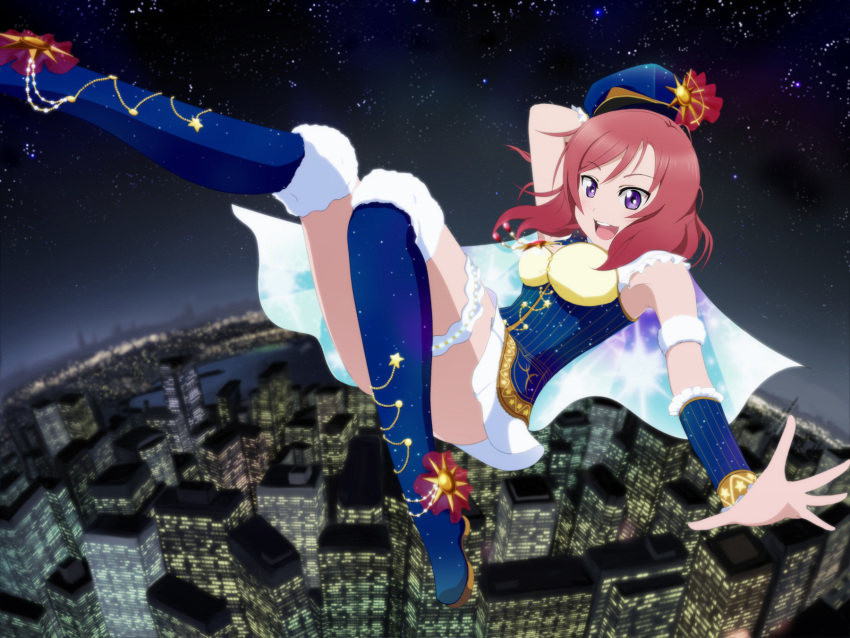 :d city_lights hat highres love_live!_school_idol_festival love_live!_school_idol_project night night_sky nishikino_maki open_mouth outstretched_hand redhead short_hair sky skygun smile space_print tagme violet_eyes