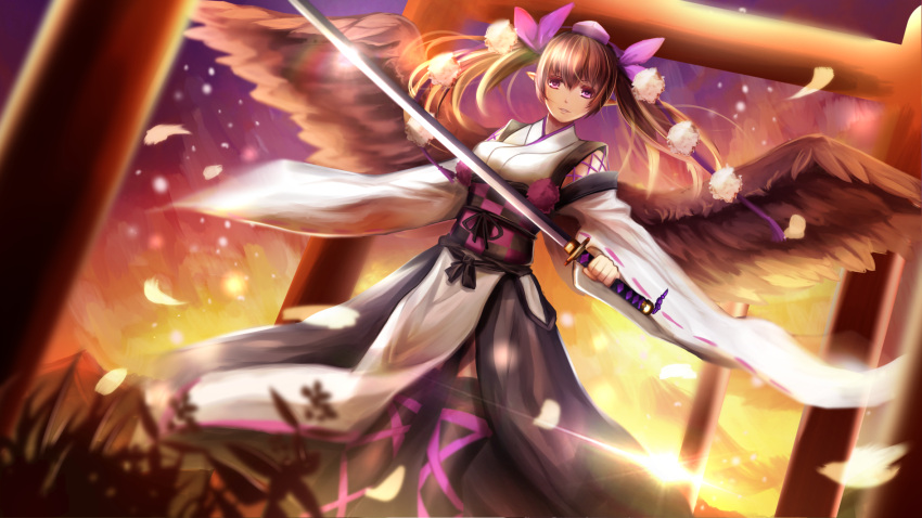 1girl bird_wings black_legwear blurry breasts brown_hair cowboy_shot depth_of_field feathered_wings glint hat highres himekaidou_hatate katana kourindou_tengu_costume long_hair looking_at_viewer multiple_torii outdoors parted_lips petals ribbon-trimmed_sleeves ribbon_trim solo spread_wings sunset sword thigh-highs tokin_hat touhou twintails untsue weapon wings