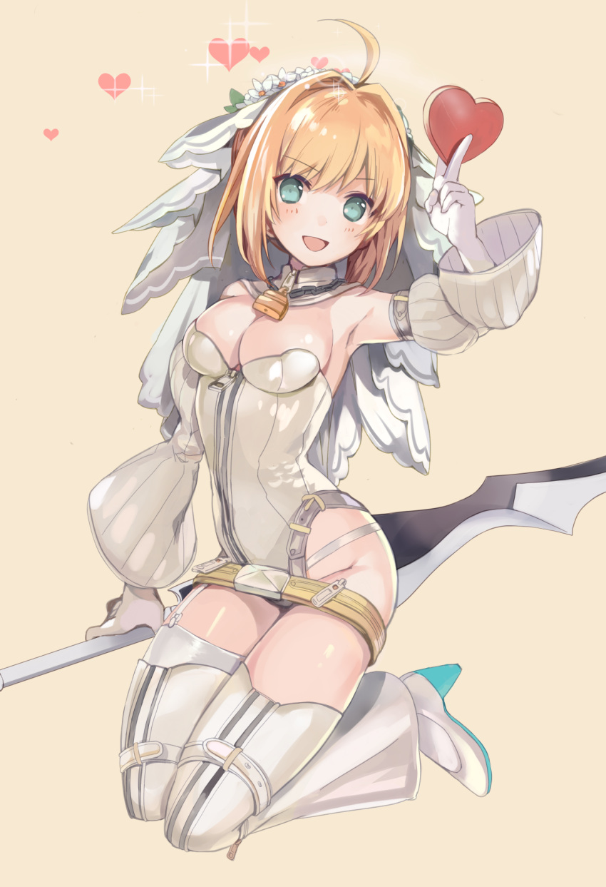 ahoge armpits artist_request belt blonde_hair blush breasts chain cleavage detached_sleeves eyebrows fate/extra fate/extra_ccc fate_(series) gloves green_eyes heart high_heels highres kneeling leotard lock long_sleeves looking_at_viewer open_mouth padlock saber_bride saber_extra shoes short_hair simple_background sparkle veil weapon white_gloves white_legwear white_shoes zipper