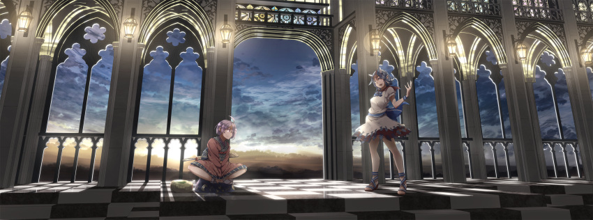 2girls arch architecture backlighting bare_legs between_legs black_hair blue_sky bow bowl_hat breasts checkered checkered_floor clouds cloudy_sky commentary_request crescent_moon dress floral_print gensoukyou hand_between_legs hand_up hat hat_removed headwear_removed highres horns indian_style indoors japanese_clothes kijin_seija kimono landscape lantern legs looking_at_another looking_to_the_side miracle_mallet moon mountain multicolored_hair multiple_girls needle obi open_mouth peregrine pointy_ears purple_hair red_eyes redhead sash scenery shadow sheath sheathed short_hair sitting sky smile stained_glass stairs standing streaked_hair sukuna_shinmyoumaru sunlight teeth touhou tree violet_eyes white_dress wind wrist_cuffs zouri