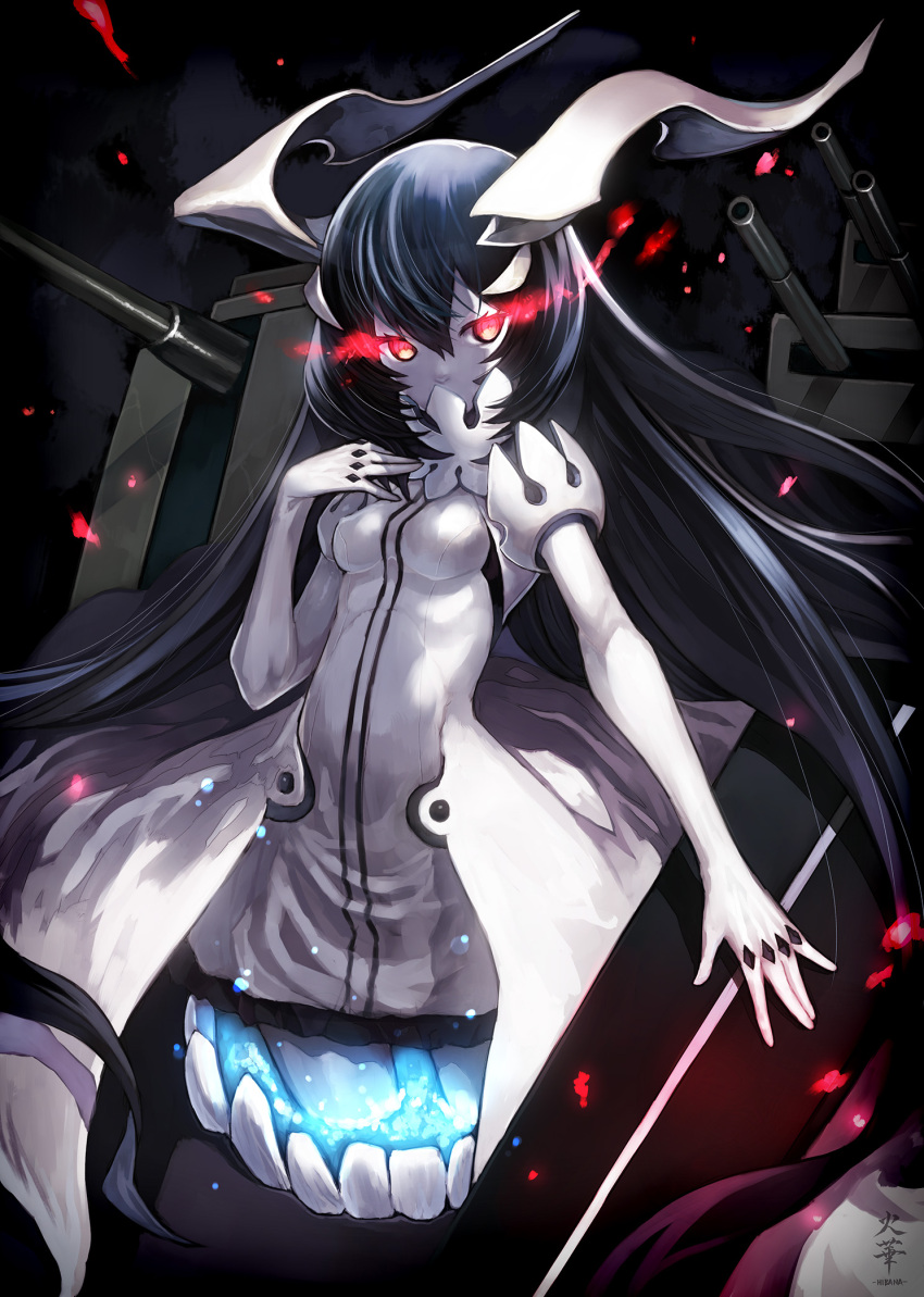 1girl anchorage_water_oni black_hair black_skirt covered_mouth dress glowing glowing_eyes gradient_hair hibanar highres horns kantai_collection long_hair looking_at_viewer machinery multicolored_hair overskirt pale_skin pleated_skirt red_eyes shinkaisei-kan skirt solo very_long_hair white_dress white_skin