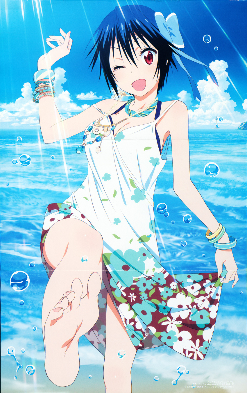 1girl absurdres blue_hair bow bracelet crease hair_bow highres jewelry mole necklace nisekoi official_art one_eye_closed red_eyes scan short_hair smile tsugumi_seishirou