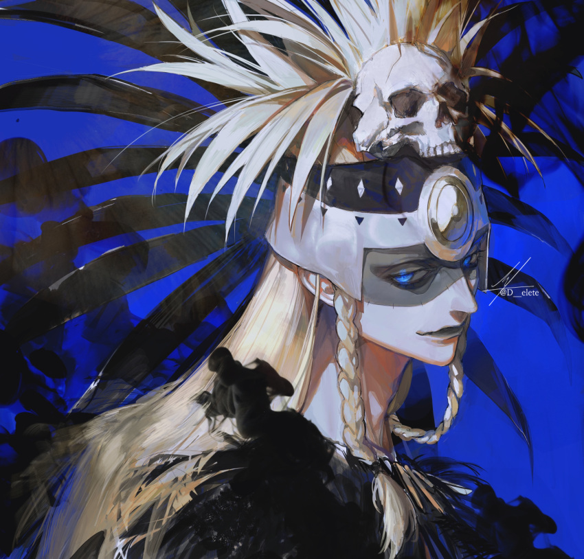 1boy au_(d_elite) black_lips blonde_hair blue_background blue_eyes braid closed_mouth fate/grand_order fate_(series) glowing glowing_eyes hair_ornament highres long_hair looking_at_viewer male_focus signature skull_hair_ornament smile tezcatlipoca_(fate) tezcatlipoca_(third_ascension)_(fate) traditional_clothes upper_body