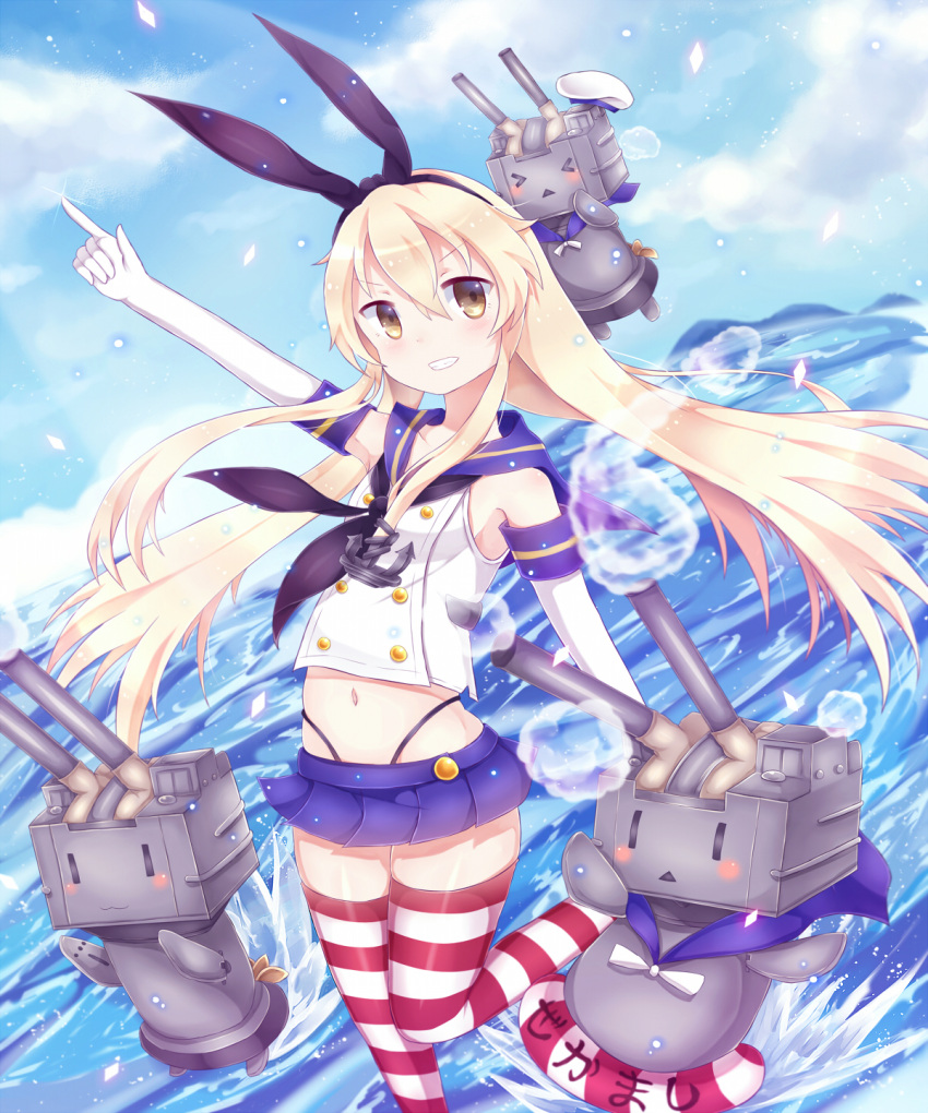 1girl anchor_hair_ornament bare_shoulders blonde_hair blue_skirt blue_sky bow brown_eyes crop_top elbow_gloves gloves grin hair_bow hair_ornament hairband highleg highleg_panties highres kantai_collection long_hair looking_at_viewer midriff navel neckerchief ocean panties pleated_skirt pointing pointing_up rensouhou-chan shimakaze_(kantai_collection) skirt sky smile soda_(sodachuxd) solo striped striped_legwear underwear white_gloves