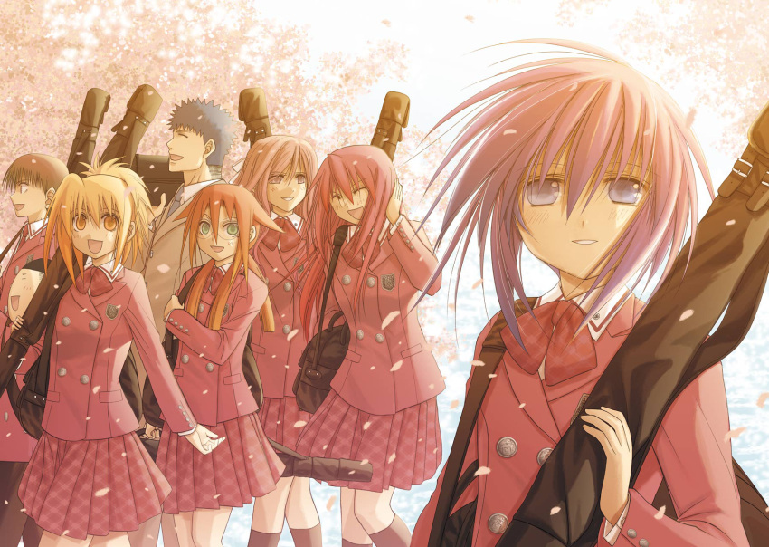 3boys 5girls azuma_satori bamboo_blade blonde_hair brown_hair chiba_kirino eiga_danjuurou glasses green_eyes highres igarashi_aguri ishida_toraji kawazoe_tamaki kuwahara_sayako long_hair miyazaki_miyako multiple_boys multiple_girls nakata_yuuji official_art orange_hair petals redhead school_uniform short_hair