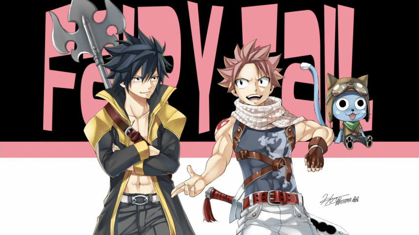 2boys aviator_cap cat copyright_name end_card fairy_tail flight_goggles gloves gray_fullbuster halberd happy_(fairy_tail) highres mashima_hiro multiple_boys natsu_dragneel official_art polearm scarf sword tattoo wallpaper weapon