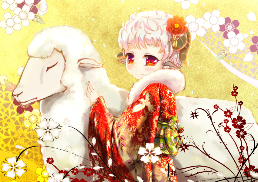 1girl blush caesar8149 floral_background flower flower_on_head highres horns japanese_clothes kimono obi original red_eyes sash sheep sheep_horns short_hair white_hair