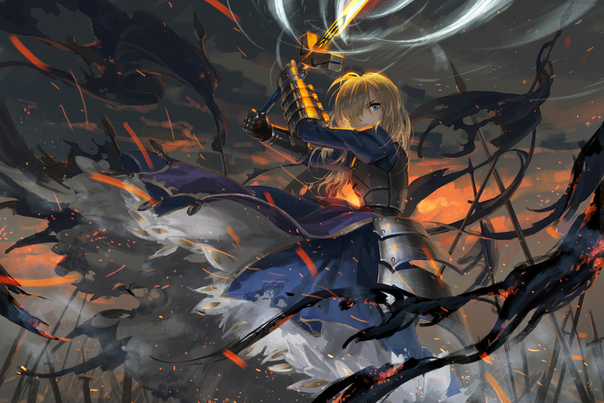 1girl armor armored_dress blonde_hair blue_dress clouds cloudy_sky dress fate/stay_night fate_(series) fighting_stance flag gauntlets green_eyes looking_at_viewer metal_gloves polearm saber seeker sky solo spear sword weapon wind
