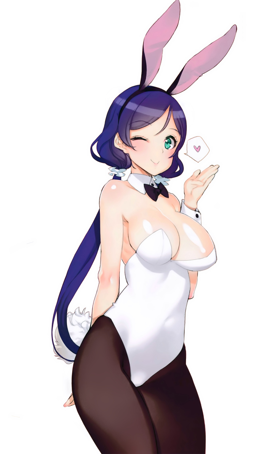 1girl ;) absurdres animal_ears arm_behind_back bare_shoulders black_legwear bowtie breasts bunny_tail bunnysuit cleavage covered_navel cowboy_shot detached_collar fake_animal_ears green_eyes hairband heart highres large_breasts long_hair love_live!_school_idol_project low_twintails one_eye_closed ooyari_ashito pantyhose purple_hair rabbit_ears scan shiny shiny_skin simple_background smile solo speech_bubble spoken_heart tail toujou_nozomi twintails very_long_hair white_background wrist_cuffs
