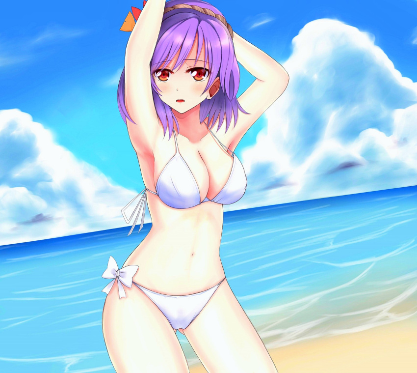 1girl arms_up beach bikini blush breasts cleavage hair_ornament highres large_breasts leaf looking_at_viewer ocean open_mouth purple_hair red_eyes revision short_hair side-tie_bikini solo swimsuit touhou wendell yasaka_kanako