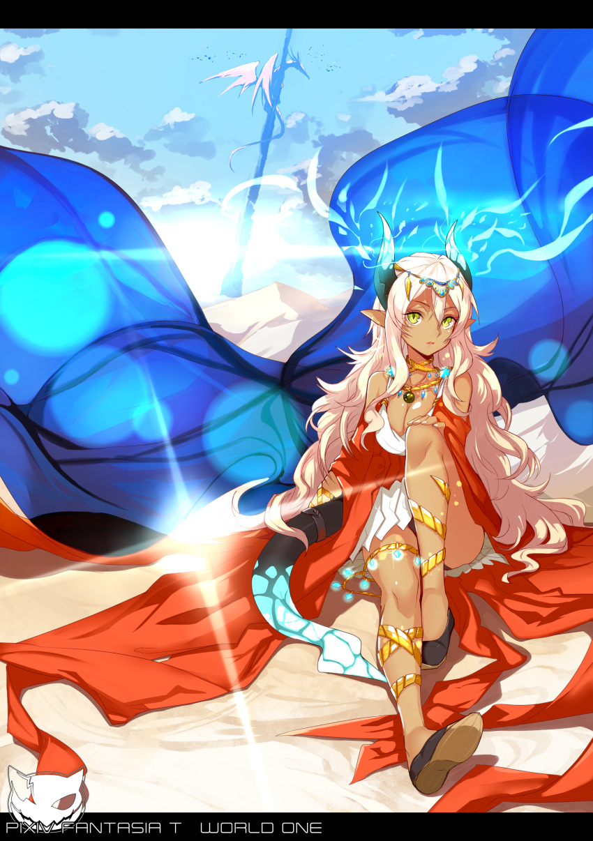 1girl absurdres bare_shoulders breasts cleavage detached_sleeves dragon green_eyes hand_on_knee highres horns jewelry letterboxed long_hair looking_at_viewer necklace open_mouth pink_hair pixiv_fantasia pixiv_fantasia_t pointy_ears realmbw revision shoes sitting sky smoke solo spire tan