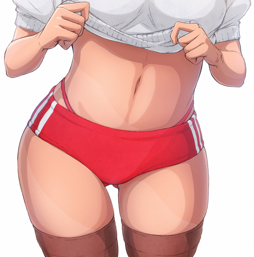 1girl breasts brown_legwear buruma close-up gym_uniform highres imizu_(nitro_unknown) lifted_by_self navel original panties red_panties revision shirt_lift simple_background solo stomach thigh-highs thong underwear white_background