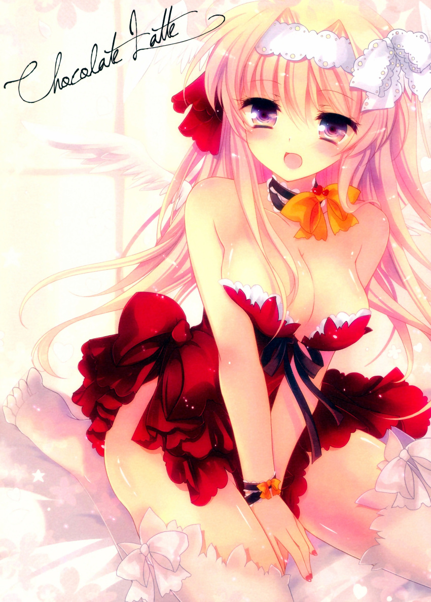 1girl absurdres angel_wings bare_shoulders blonde_hair bow breasts choker cleavage hair_ribbon heart highres ichiyou_moka large_breasts long_hair looking_at_viewer nail_polish no_shoes open_mouth original red_nails red_skirt ribbon ribbon_choker sitting skirt solo thigh-highs v_arms violet_eyes white_legwear white_wings wings wrist_ribbon