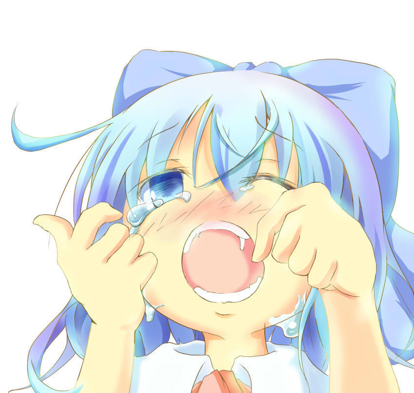 1girl blue_bow blue_eyes blue_hair bow cirno commentary_request crying fang hair_bow highres one_eye_closed open_mouth short_hair short_sleeves simple_background solo tears touhou