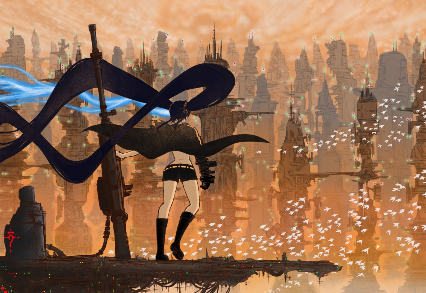 1girl black_hair black_rock_shooter black_rock_shooter_(character) boots cityscape gauntlets glowing glowing_eyes gun long_hair midriff nyankosu revision rifle shorts solo twintails very_long_hair weapon