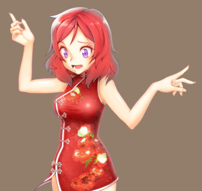 1girl alternate_costume arms_at_sides bare_arms bare_shoulders breasts brown_background china_dress chinese_clothes dress floral_print looking_down love_live!_school_idol_project nishikino_maki open_mouth red_dress redhead short_hair simple_background sizque sleeveless sleeveless_dress solo violet_eyes