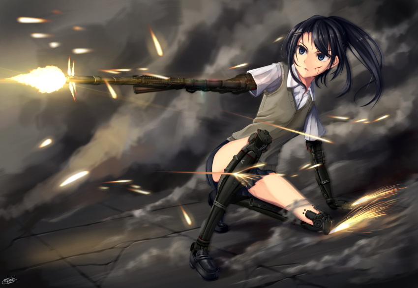 1girl android artificial_arm artificial_legs assault_rifle black_eyes black_hair dreadtie gun highres original ponytail rifle school_uniform signature solo sweater_vest weapon