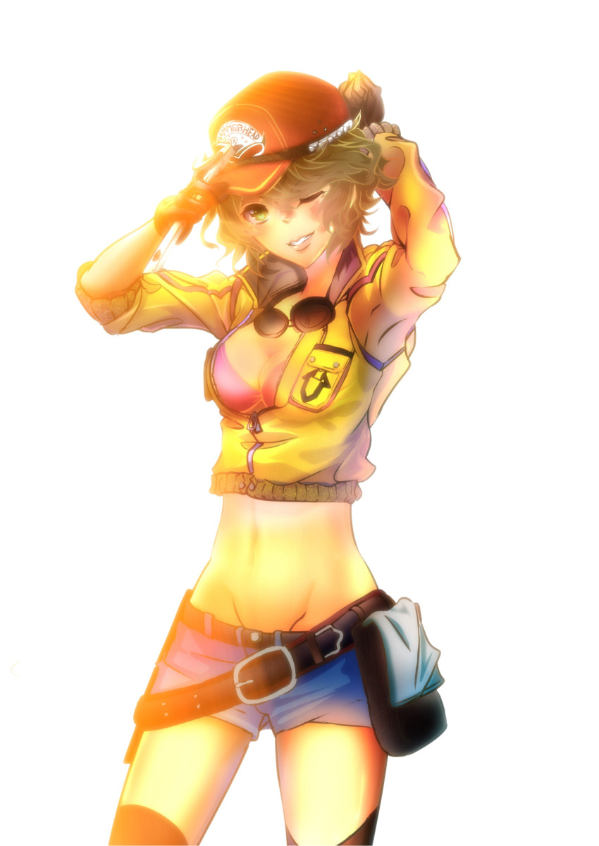 1girl ;d arms_up baseball_cap belt belt_pouch bikini_top black_gloves black_legwear blonde_hair breasts cidney_(final_fantasy) cleavage cowboy_shot cropped_jacket denim denim_shorts dirty_face final_fantasy final_fantasy_xv furisode_(pixilvina) gloves goggles goggles_around_neck green_eyes hat highres lips midriff multiple_belts navel one_eye_closed open_mouth short_hair short_shorts shorts smile solo thigh-highs wrench