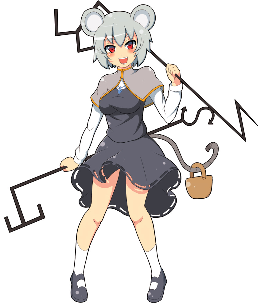 1girl :d animal_ears basket blush breasts capelet dowsing_rod dress highres jewelry looking_at_viewer mary_janes mouse_ears mouse_tail nazrin necklace open_mouth pigeon-toed red_eyes shoes short_hair silver_hair smile socks solo tail tail_hold touhou wade white_background white_legwear
