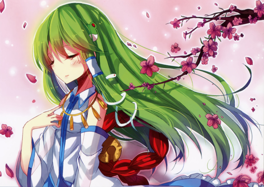 1girl absurdres blush cherry_blossoms closed_eyes detached_sleeves frog_hair_ornament gradient gradient_background green_hair hair_ornament hair_tubes highres japanese_clothes jewelry kazucha kochiya_sanae long_hair long_sleeves miko necklace open_mouth petals pink_background scan see-through shirt skirt smile snake_hair_ornament solo touhou wide_sleeves