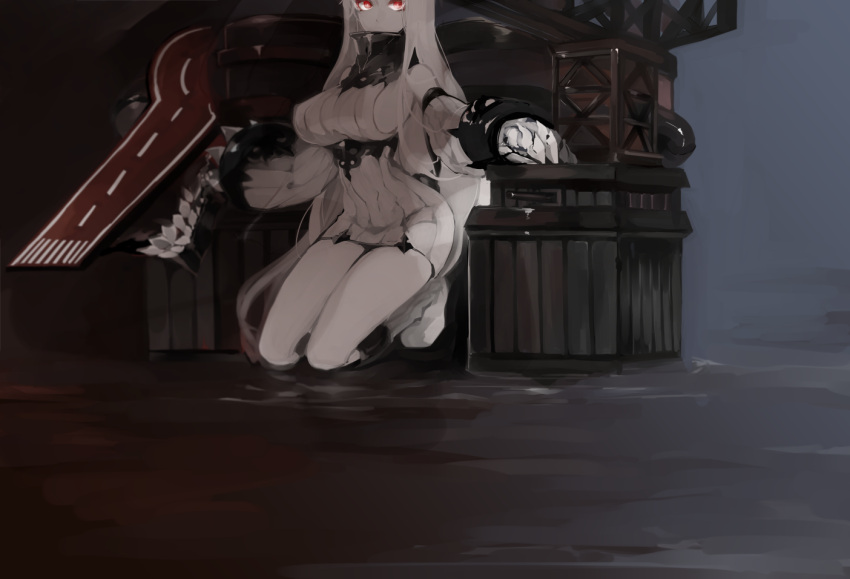 1girl boots claws dark detached_sleeves dress hita_(hitapita) kantai_collection kneeling long_hair looking_at_viewer machinery pale_skin red_eyes ribbed_dress seaport_hime very_long_hair white_boots white_hair