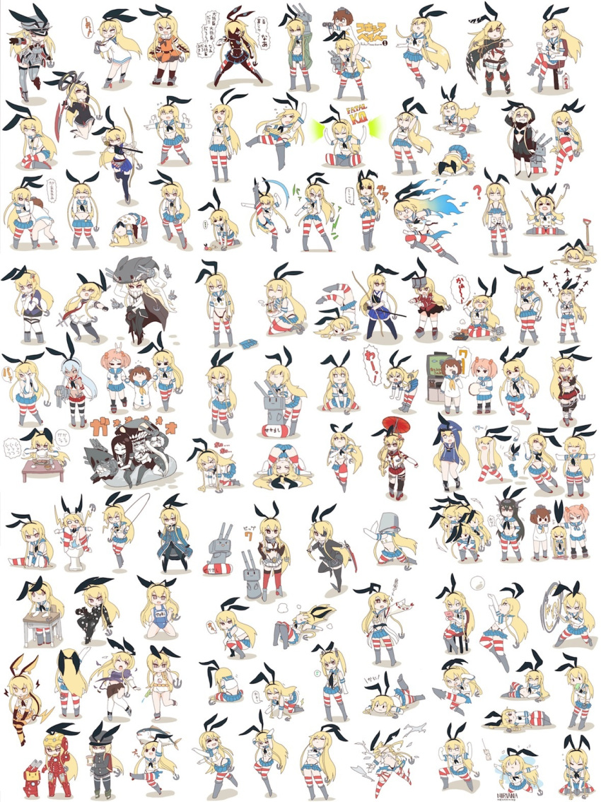 &gt;_&lt; 6+girls :3 :d ? anchor_hair_ornament binoculars black_hair black_panties blonde_hair blue_skirt bow_(weapon) brown_hair bucket bucket_on_head cosplay crop_top crop_top_overhang detached_sleeves hair_bobbles hair_ornament hairband highleg highleg_panties highres innertube iron_man japanese_clothes kantai_collection long_hair long_sleeves marvel mato_tsuyoi miniskirt multicolored_legwear multiple_girls muneate neckerchief nontraditional_miko o-ring_top o_o object_on_head open_mouth panties pink_hair pleated_skirt re-class_battleship red_skirt rensouhou-chan sailor_collar sailor_dress sazanami_(kantai_collection) school_desk school_swimsuit school_uniform serafuku shimakaze_(kantai_collection) shinkaisei-kan short_hair simple_background sitting skirt smile striped striped_legwear swimsuit thigh-highs toilet underwear visor_cap wavy_mouth weapon white_background white_panties white_school_swimsuit white_swimsuit wide_sleeves wo-class_aircraft_carrier xd yukikaze_(kantai_collection) |_|