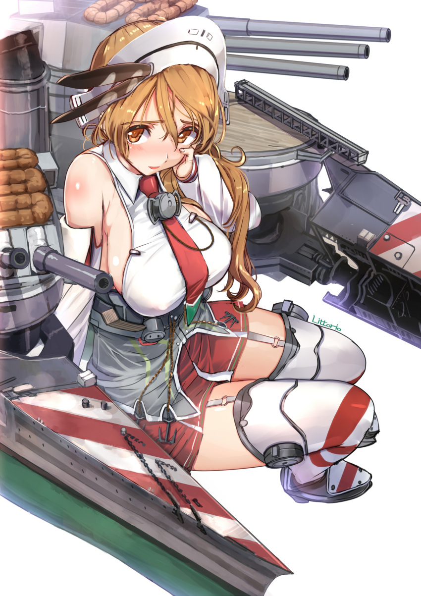 1girl akasaai bare_shoulders blush breasts brown_eyes brown_hair cannon detached_sleeves garter_straps hair_ornament hat highres kantai_collection large_breasts littorio_(kantai_collection) long_hair looking_at_viewer machinery mecha_musume miniskirt necktie red_skirt sagging_breasts skirt solo striped striped_legwear thigh-highs zettai_ryouiki