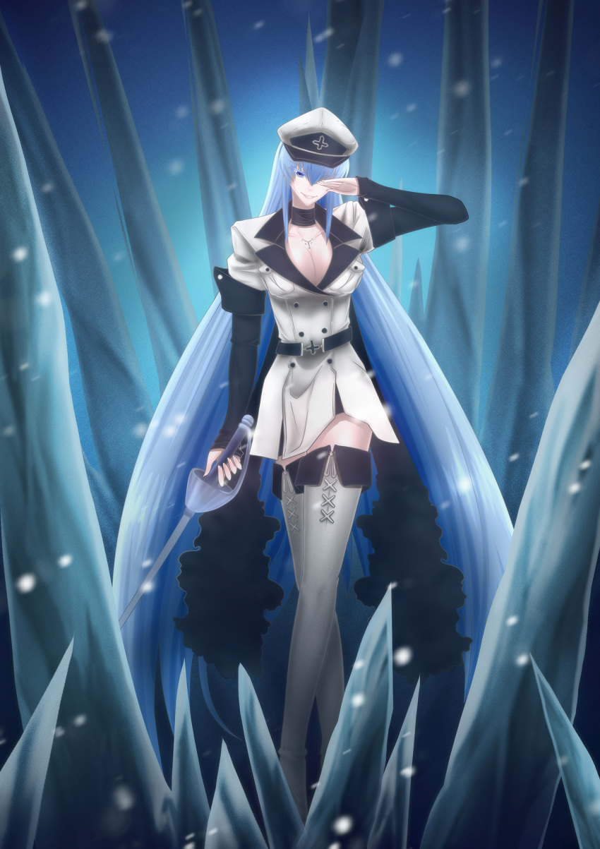 1girl akame_ga_kill! blue_eyes blue_hair boots breasts choker cleavage collarbone esdeath hat highres ice ice_pick large_breasts long_hair looking_at_viewer military military_uniform peaked_cap rapier smile solo sword thigh-highs thigh_boots uniform very_long_hair weapon