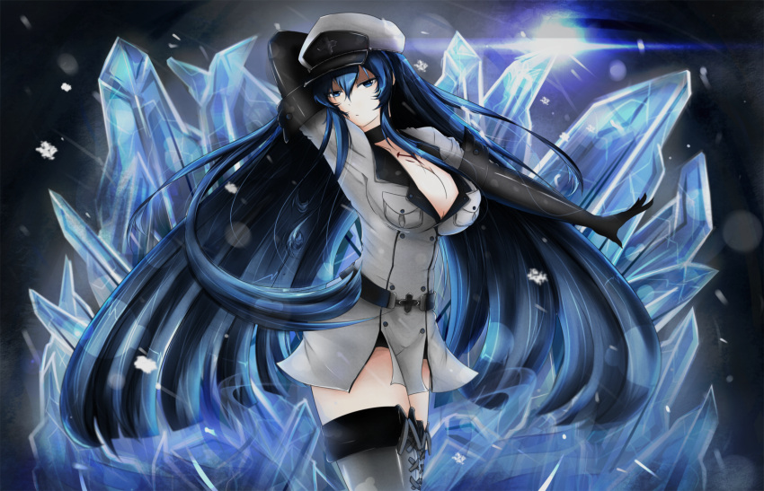 1girl akame_ga_kill! blue_eyes blue_hair boots breasts choker cleavage collarbone esdeath hat highres ice large_breasts long_hair looking_at_viewer military military_uniform peaked_cap solo thigh-highs thigh_boots uniform very_long_hair