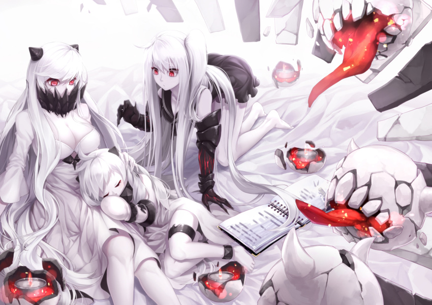 3girls aircraft_carrier_oni barefoot breasts cleavage closed_eyes covered_mouth curry_bowl dress gauntlets gloves highres kantai_collection kneeling large_breasts long_hair midway_hime multiple_girls no_legwear northern_ocean_hime one_side_up pale_skin red_eyes revision sailor_dress shinkaisei-kan short_dress sleeping tongue tongue_out very_long_hair white_dress white_gloves white_hair