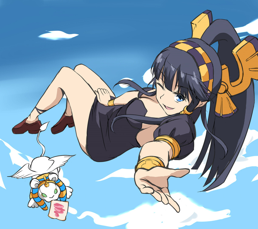 1girl black_hair blue_eyes clouds danny1128 dress dress_tug evolution floating foreshortening hair_tubes high_ponytail legs looking_at_viewer midair nephthys_(p&amp;d) no_socks one_eye_closed outstretched_hand ponytail puzzle_&amp;_dragons shoes sky solo sphinx thighs winged_hairband wings wristlet