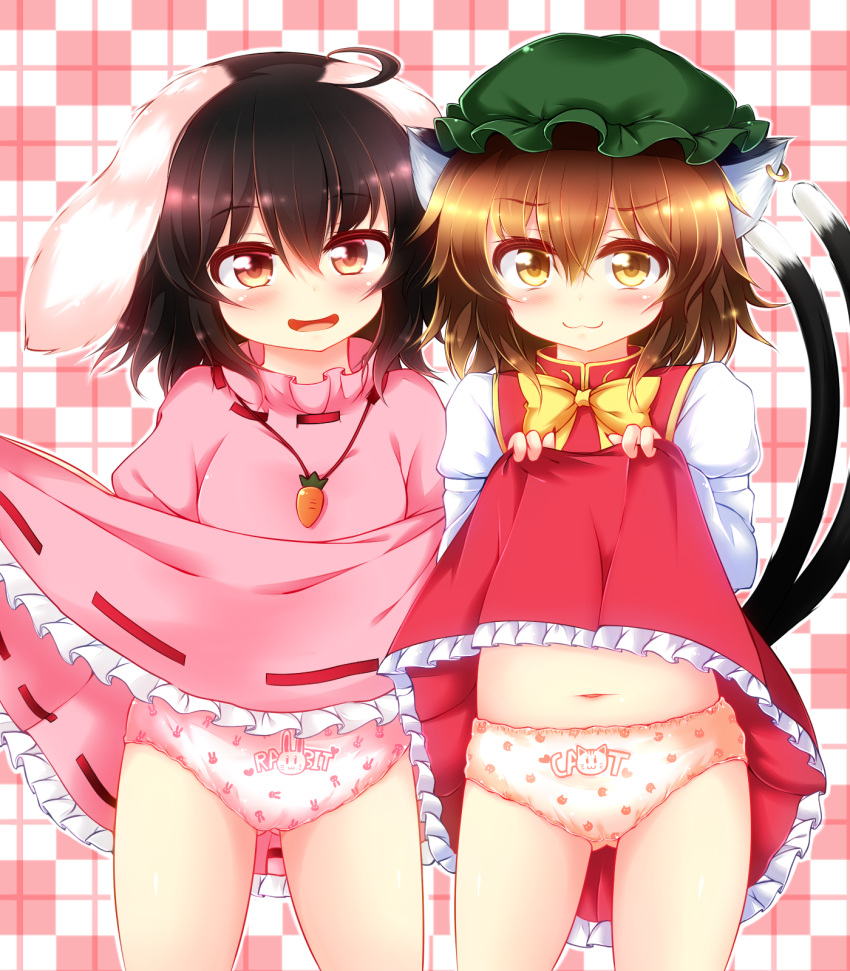 2girls :3 animal_ears black_hair blush brown_eyes brown_hair carrot_necklace cat_ears cat_tail chen commentary_request dress dress_lift green_hat highres inaba_tewi jewelry mob_cap multiple_girls multiple_tails navel nekomata panties print_panties rabbit_ears rena_(riries) short_hair single_earring tail touhou two_tails underwear