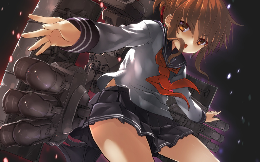 1girl black_skirt brown_eyes brown_hair cowboy_shot folded_ponytail highres inazuma_(kantai_collection) kantai_collection long_sleeves machinery magu_(mugsfc) neckerchief open_mouth outstretched_hand pleated_skirt sailor_collar school_uniform serafuku skirt solo