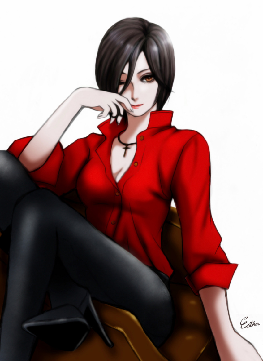 1girl ada_wong black_hair black_legwear breasts brown_eyes cross cross_necklace esther high_heels highres one_eye_closed pantyhose resident_evil resident_evil_6 shirt short_hair sitting sleeves_pushed_up solo unbuttoned