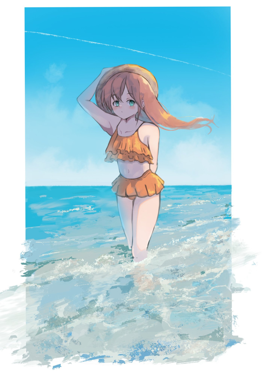 1girl :o bikini blue_eyes blue_sky blush brown_hair condensation_trail eliot_(eokaitekaite969) floating_hair frilled_bikini frills hat highres holding holding_clothes holding_hat hololive horizon long_hair looking_to_the_side natsuiro_matsuri navel ocean orange_bikini outdoors shade sky solo standing straw_hat swimsuit wading