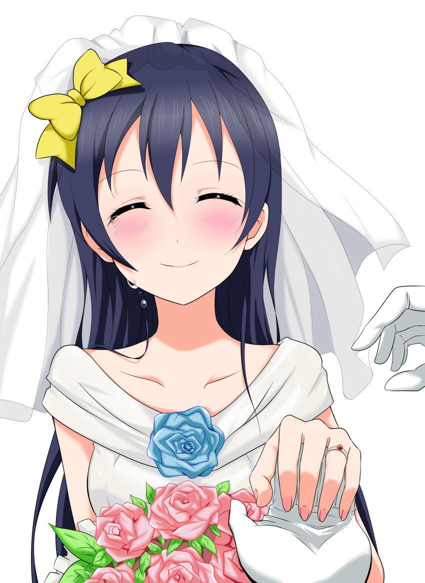 1girl absurdres black_hair blush bouquet closed_eyes dress flower frolaytia gloves hair_ribbon happy_tears highres jewelry lipstick long_hair love_live!_school_idol_project makeup nail_polish ribbon ring rose smile solo_focus sonoda_umi tears veil wedding wedding_dress wedding_ring