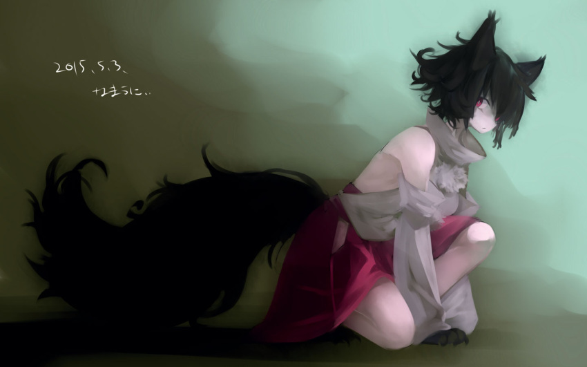 1girl alternate_hair_color animal_ears backless_outfit black_hair detached_sleeves inubashiri_momiji long_sleeves looking_at_viewer namauni red_eyes shirt skirt solo squatting tail touhou turtleneck wide_sleeves wolf_ears wolf_tail