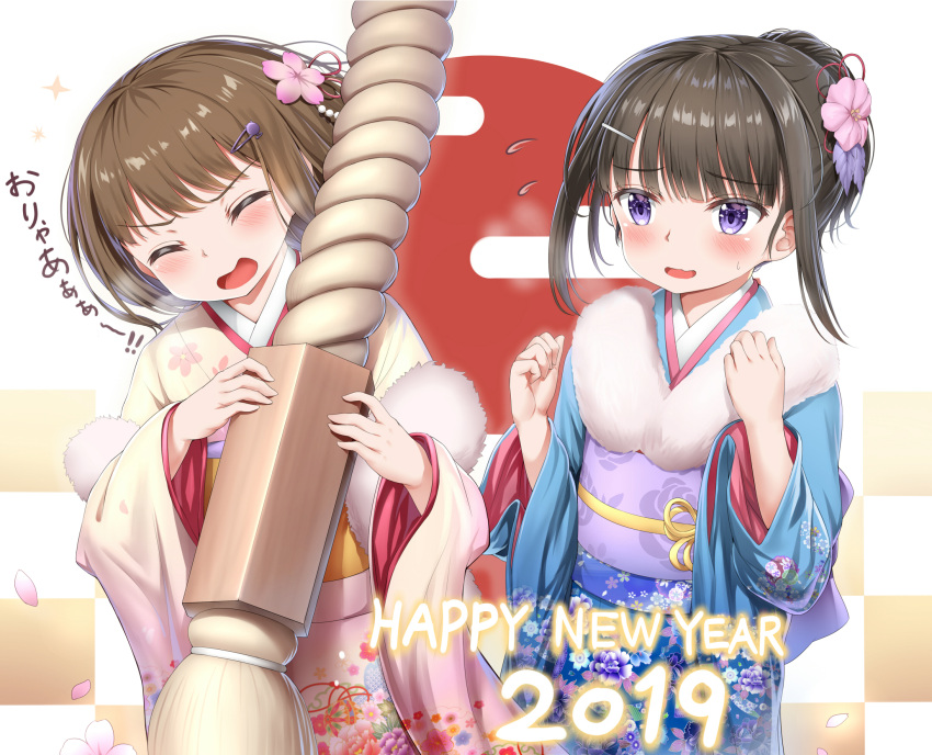 2019 2girls beige_kimono blue_kimono blush brown_hair checkered checkered_background closed_eyes commentary_request floral_print flower flying_sweatdrops hair_flower hair_ornament happy_new_year highres japanese_clothes kimono long_sleeves multiple_girls nedia_(nedia_region) new_year obi open_mouth original pink_flower print_kimono sash sparkle translated violet_eyes wide_sleeves