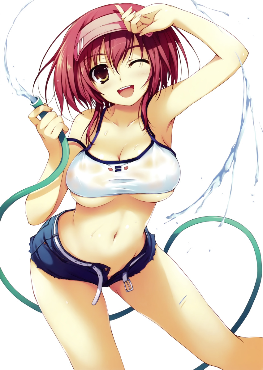1girl absurdres armpits bare_shoulders breasts brown_eyes cleavage denim denim_shorts highres long_hair looking_at_viewer navel open_mouth pink_hair shorts smile solo thighs tomose_shunsaku under_boob water_hose winking